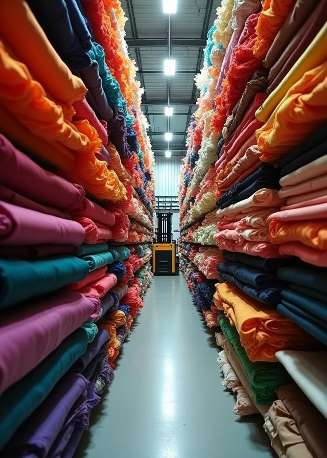 Colorful bolts of fabric organized on shelves in the warehouse.
