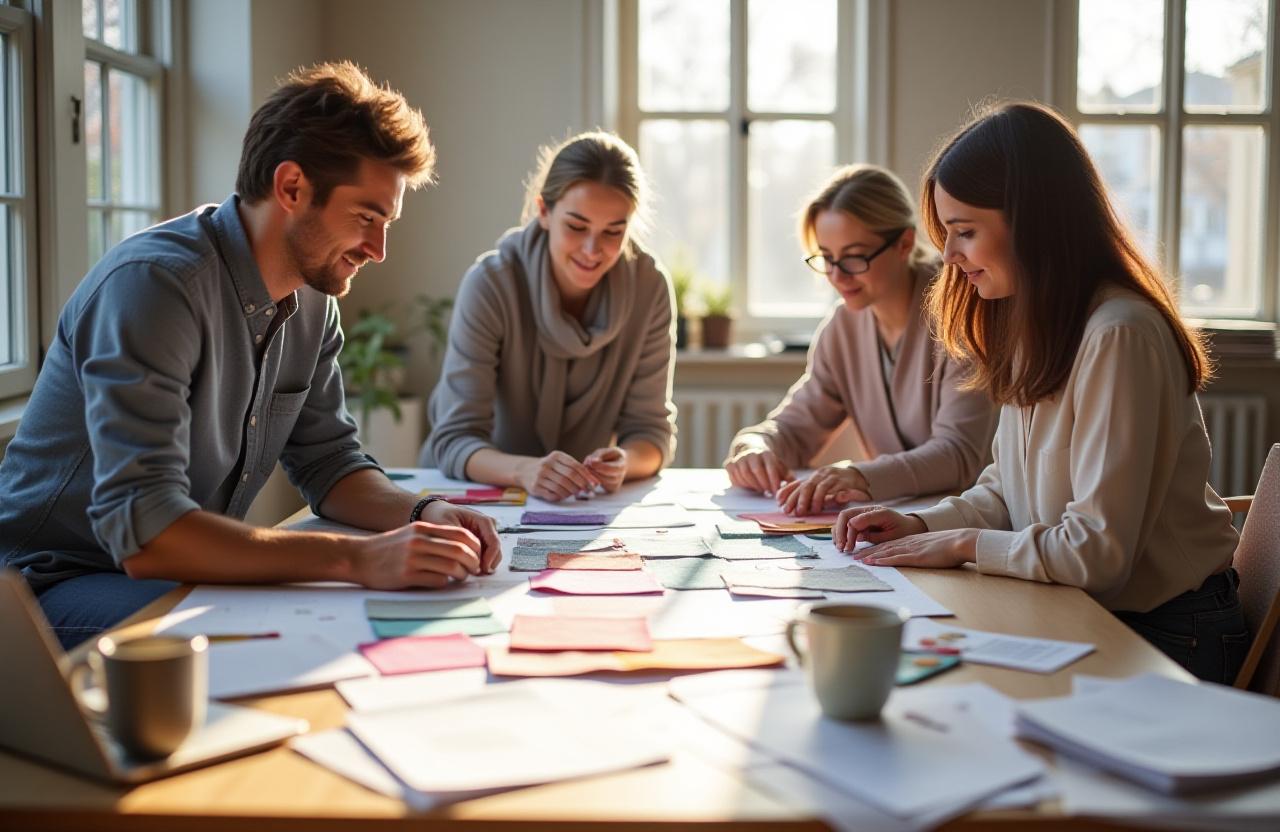 The Textilia design team collaborating around a table of swatches.